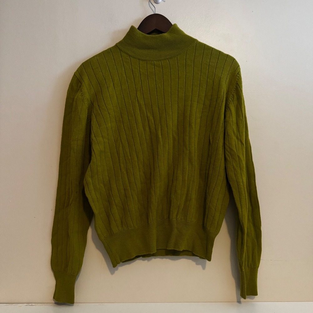 Amanda Smith Women's Green Ribbed Pure New Wool Mock Neck Sweater Large Layers